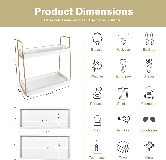 Bathroom Organizer Countertop, 2 Tier, White and Gold