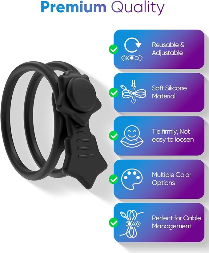 Quick Bind–Silicone Cable Ties Reusable, Cord Organizer for Charging Cables, Data Cables & Computer Wires, Multipurpose Elastic Cable Management Straps for Home,Office,Travel(16pcs,Black)