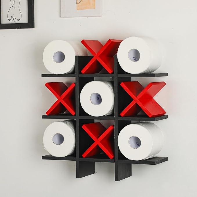 Weysat Tic Tac Toe Toilet Paper Holder Stand Bathroom Wall Decor Rustic Wooden Hanging Storage Freestanding Wall Mounted Shelves Decor for Toilet Tissue Farmhouse