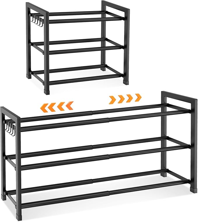 Expandable Shoe Rack for Closet, Bedroom with 5 Hooks