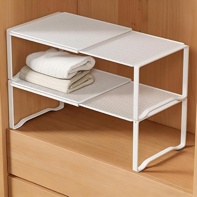Extendable Dense Mesh Metal Shelf - 15-24.4in Adjustable Stackable Organizer for Kitchen, Bathroom, Shoe Cabinet & Tool Closet, Dust-Proof Small Item Friendly Storage Rack (2 Piece, White)