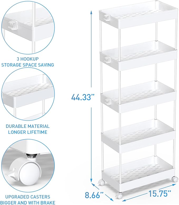 5-Tier Storage Cart Organizer Rolling Utility Cart