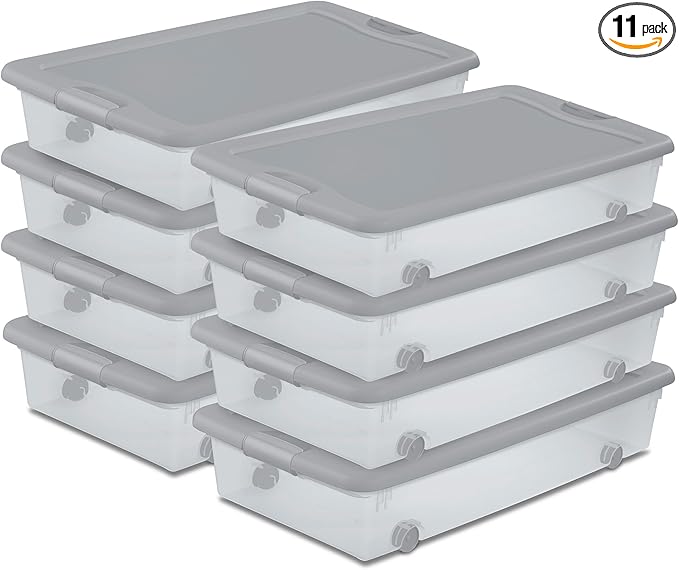 Sterilite 8 Pack Wheeled Under Bed Storage Container, 56 Qt Plastic Bin with Latching Lid for Organization - Clothes & Shoes Organizer, Silver Tint