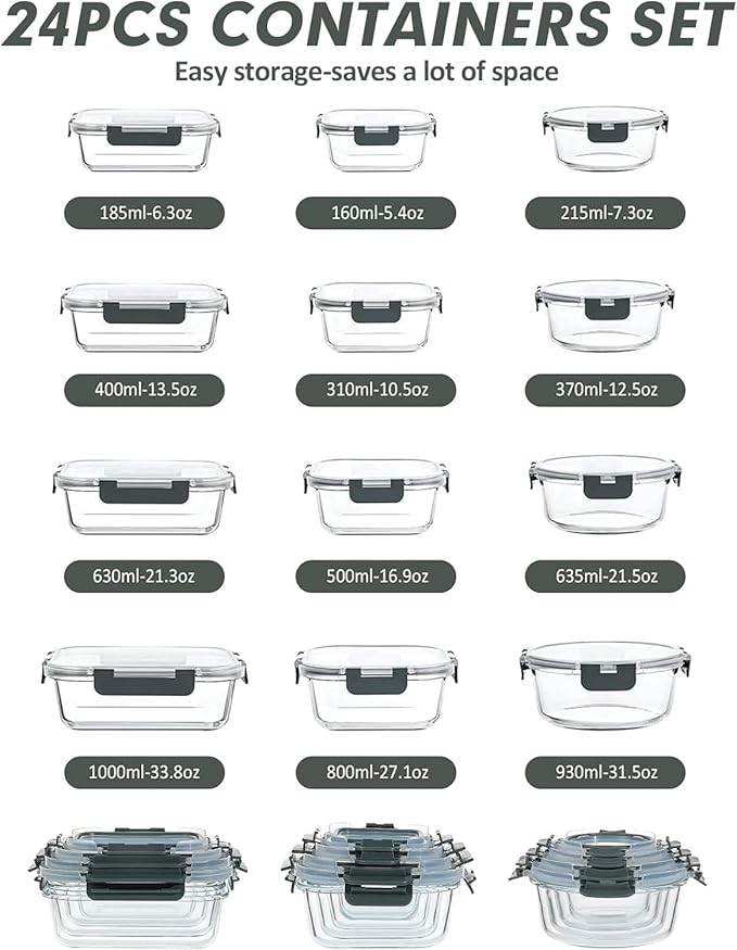 12 Packs Glass Food Storage Containers Set, Grey
