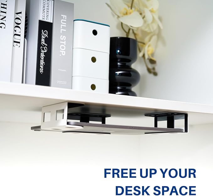 BYMECOST Under Desk Laptop Storage Mount, Metal Under Desk Device Holder, for Devices Up to 1.37" Thick, MacBook, Mini, Keyboard, Router, with Anti-Scratch Silicone (White)