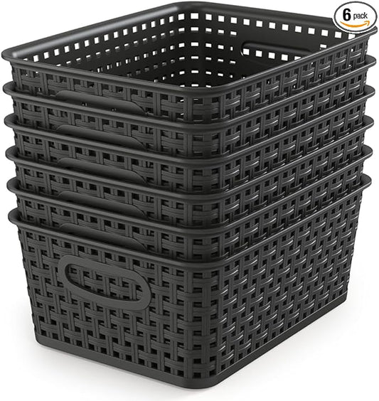 Woven Storage Organizer Basket, 6-Pack Black Plastic Weave Baskets