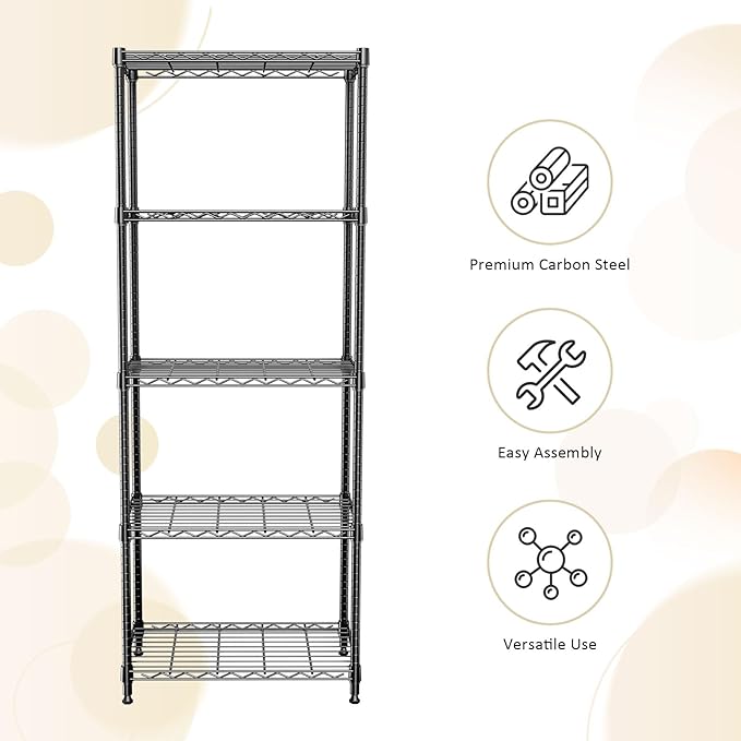 IZEUK 5-Shelf Adjustable Steel Wire Storage Shelving Unit, 13.7" D x 23.6" W x 63" H, 1250 lbs, Black, Heavy Duty Metal Storage Rack for Home & Garage Shelving Organizer