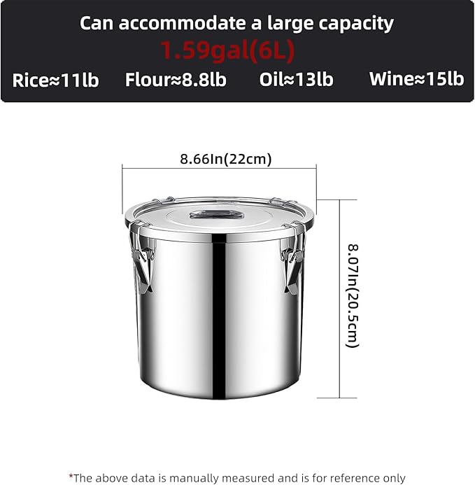 stainless steel food storage containers with lids lock clips airtight container large airtight for rice flour sugar grain coffee bean storage containers Kitchen jar (1.59gal/6L)