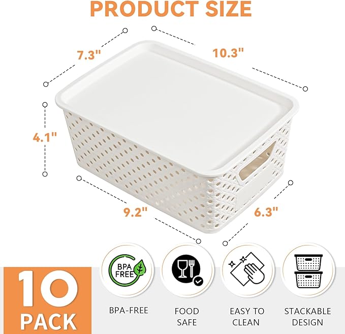 10 Pack Small Plastic Storage Bins with Lids, Stackable Plastic Storage Baskets for Organizing with Handles, Organizer Bins with Labels for Room, Craft, Containers for Pantry Organizers and Storage