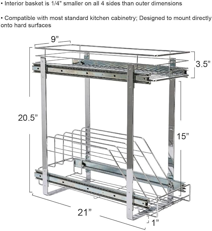 Household Essentials Glidez Multipurpose Chrome-Plated Steel Pull-Out/Slide-Out Dual-Sliding Storage Organizer for Cookware and Bakeware - 2-Tier Design - Fits Standard Size Cabinet or Shelf, Chrome