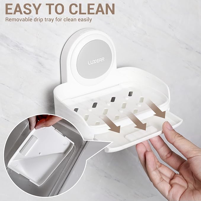LUXEAR 4 Pack Shower Caddy Set - Suction Cup Shower Shelf+Soap Dish+Hooks - 1 Sec Installation NO-Drill Removable Powerful Waterproof Organizer for Bathroom/Kitchen/RV 22LBS Capacity Removable