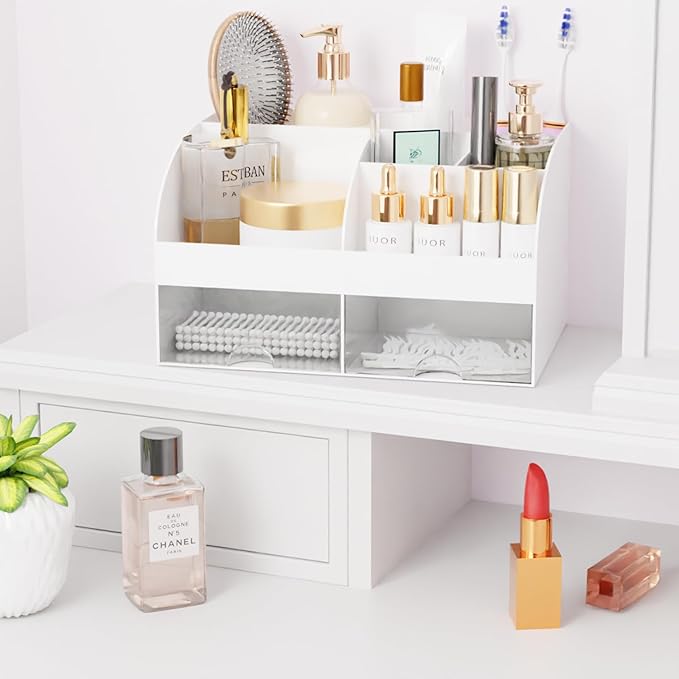 Makeup Organizer with Drawers, White-2P
