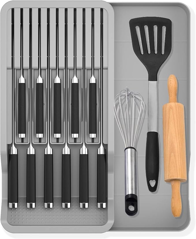 Expandable Drawer Knife Insert Organizer - Plastic Knife Storage Tray for Kitchen Drawers, Adjustable to Fit 11 Knives, BPA-Free, Ventilated, Space-Saving, Easy to Clean