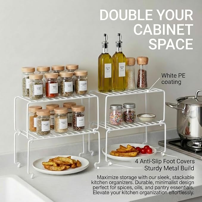 4-Pack Small (10.8x5.3inch) White Stackable Shelf Organizer Rack, Wire Shelf Rack for Kitchen Cabinet, Pantry, Desk Organization and Storage, Rustproof