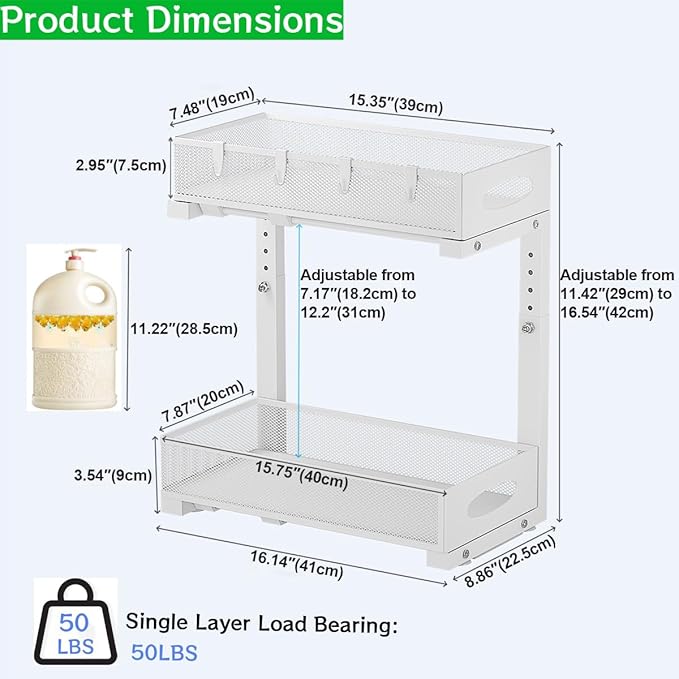 1 Pack Under Sink Pull Out Organizer, 2-Tier Adjustable Height Carbon Steel Storage Rack for Kitchen and Bathroom Cabinet, White