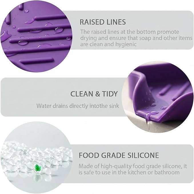 MicoYang Silicone Soap Dish with Drain Spout — Self-Draining Sink Organizer Tray for Bathroom & Kitchen, Holds Bar Soap, Sponges & Dispensers, Non-Slip & Dishwasher Safe, Purple (Small, 4.9"×3.2")