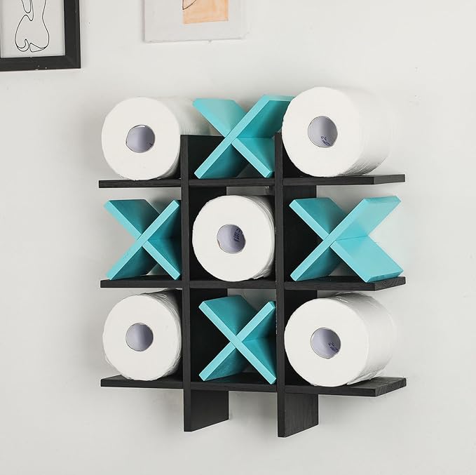 Weysat Tic Tac Toe Toilet Paper Holder Stand Bathroom Wall Decor Rustic Wooden Hanging Storage Freestanding Wall Mounted Shelves Decor for Toilet Tissue Farmhouse