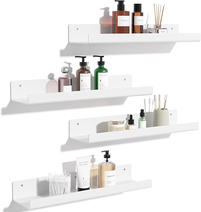 upsimples Acrylic Shelves for Wall Decor, 15" Display Shelf Perfume Organizer for Bathroom, Bedroom, Living Room, Floating Bookshelves for Kids, White, 4 Pack | for Kids