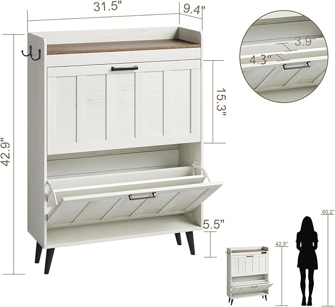 ChooChoo Shoe Storage Cabinet with 2 Flip Drawers, Freestanding Hidden Slim Narrow Shoe Rack Cabinet, Farmhouse Shoe Organizer Storage for Entryway, Antique White & Brown