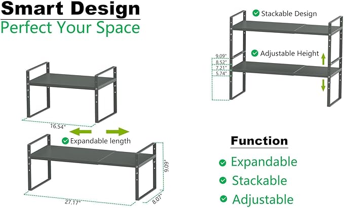 Jojocross Expandable Stackable Spice Rack Cabinet Shelf Organizer in Cabinets Shelves Kitchen Cupboard Organization Stack up Racks Pantry Countertop Storage (Gray, Medium 2 Packs)