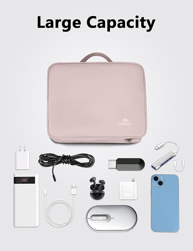 MATEIN Travel Cord Organizer for Women, Large Tech Storage Bag Water Resistant Electronic Accessories Case with Handle for Cord, Cables, Cellphone, Tablet (Up to 12.9inch), Powerbank, Soft Pink