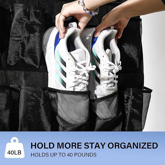 Over the Door Shoe Organizer, 24 Large Breathable Mesh Pockets, Hanging Storage Holder, Hanging Shoe Organizer(Black)