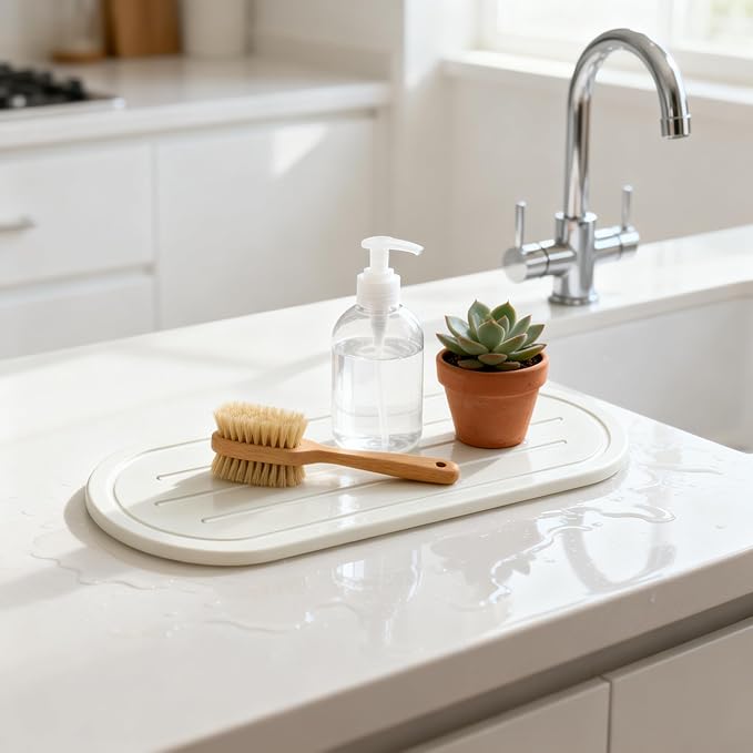 Razborci 2PCS Water Absorbing Stone Drying Tray Mat for Bathroom Sink & Kitchen Counter Faucet Organizer Decor, Quick Dry Dish Soap Dispenser Sponge Holder, Vanity Sink Caddy Coaster,White -10"*3.8"