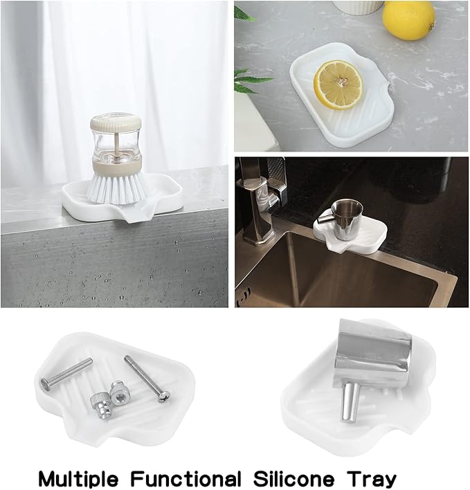 MicoYang Silicone Soap Dish with Drain Spout — Self-Draining Sink Organizer Tray for Bathroom & Kitchen, Holds Bar Soap, Sponges & Dispensers, Non-Slip & Dishwasher Safe, White (Small, 4.9"×3.2")