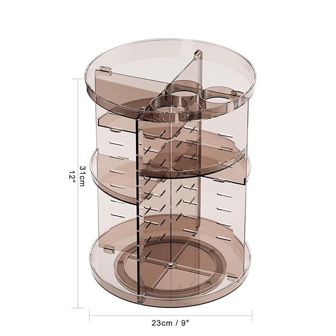 Rotating Makeup Organizer, DIY 8 Adjustable Layers Spinning Skincare Storage, Cosmetic Display Case with Brush Holder and Perfume Tray, Multi-Function Vanity Bathroom Countertop Organizer Clear Coffee