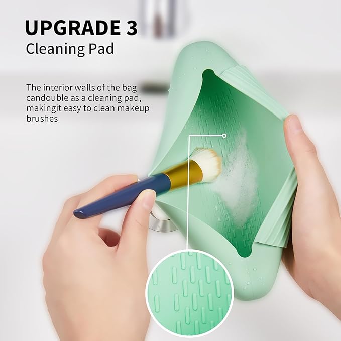 AGIKET Silicone Makeup Brush Holder Travel Cosmetic Bag：Soft Portable Cosmetic Face Brushes Holder with Upgrade Anti-Fall Out Magnetic Closure, Large Travel Makeup Brush Case - Green