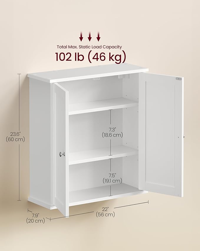 VASAGLE Siren Collection - Bathroom Wall Cabinet, Hanging Bathroom Storage Cabinet, for Medicines, Farmhouse, 2 Adjustable Shelves, 7.9 x 22 x 23.6 Inches, Cloud White UBBK330WB01S