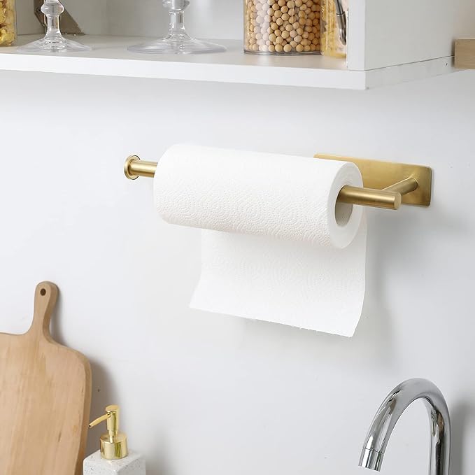 theaoo Paper Towel Holder - Under Cabinet Paper Towel Holder for Kitchen, Adhesive Paper Towel Roll Rack for Bathroom Towel, Wall Mounted Paper Towel Rack, SUS304 Stainless Steel(1, Gold)