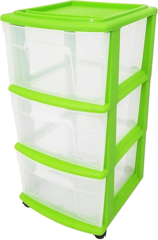 Drawer Tower, 3-Tier Clear Plastic Storage Organizer Cart, Bold Lime Frame