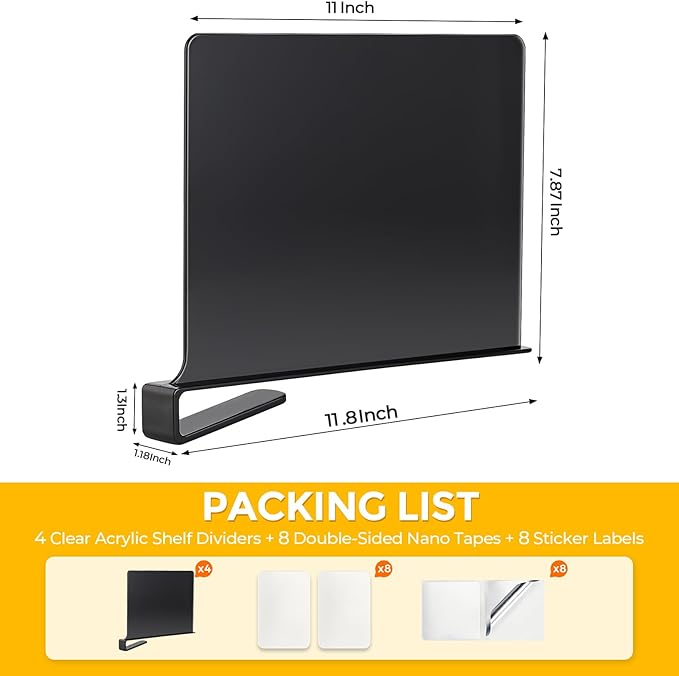 DECOR 12 Pack Acrylic Matte Black Shelf Dividers for Closets Organizer