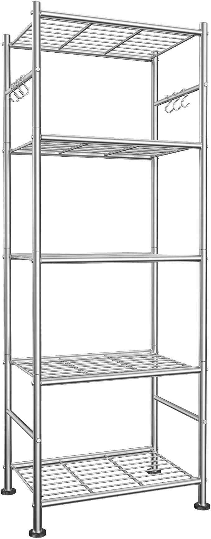 Storage Shelves, 5-Tier Large Capacity Shelf Organizer with Hooks, Silver