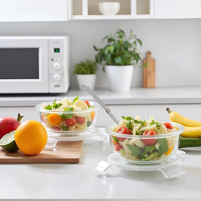1.5 Cup Round Glass Food Containers with Lids and Folding Spoon, BPA Free Small Round Glass Lunch Containers, 12oz Food Container for Office Meal, Oven, Freezer and Dishwasher Safe (4Pack)