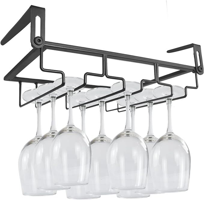 Adjustable Under Cabinet Stemware Holder - Metal Wine Glass Hanger Organizer for Kitchen, Bar, Shelf - Rustproof Hanging Storage Rack for 6-8 Glasses - Space Saving Decor (Black, 3 Rows)