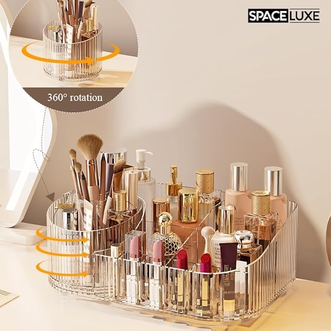 Makeup Organizer with Drawers and 360° Rotating Brush Holder, Large Capacity Cosmetic Storage for Vanity, Skincare, Perfume, Hair Accessories, Lipstick & Jewelry (Clear, 3-layer)