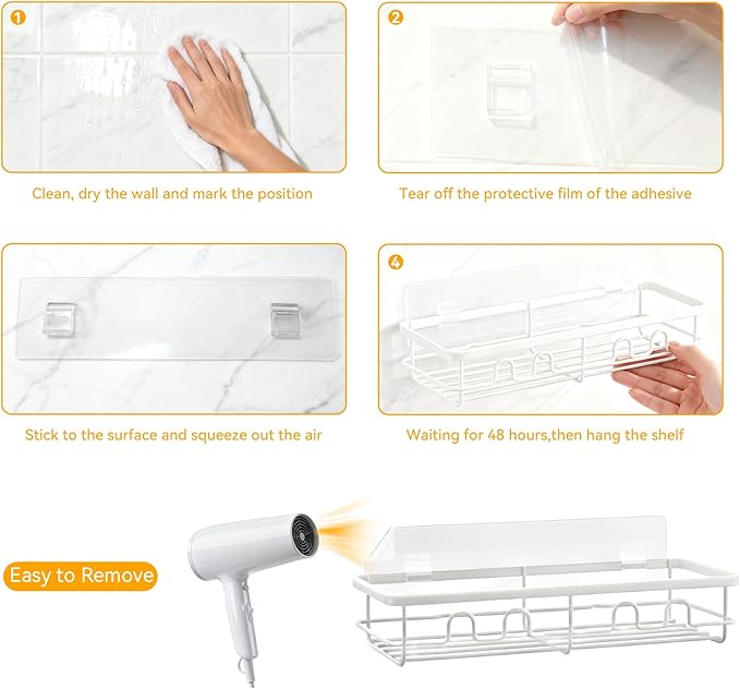 Adhesive Shower Caddy, Large Capacity Shower Racks for Inside Shower, No Drill Bathroom Shower Organizer and Storage, 2 Pack White Bathroom Shelves, Home Decor Rv Accessories, Apartment