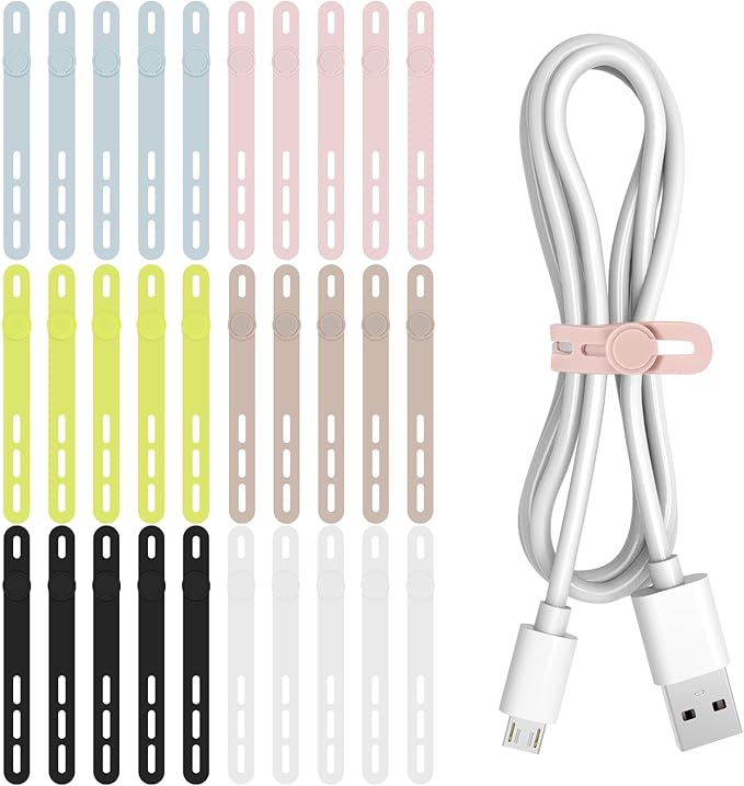 Donruby 30Pcs Silicone Cable Ties - Reusable & Washable with Adjustable Locking Buckles, High Elasticity Cable Management Straps for Home, Office, School, Travel Essential Cord Organizer (6 Colors)