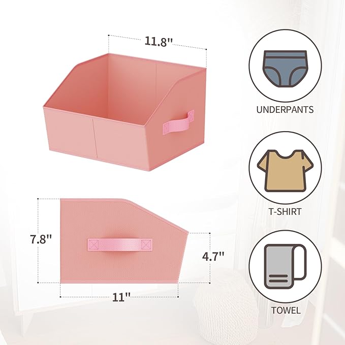 Homsorout Storage Bins for Shelves - Small Trapezoid Closet Shelf Organizer, Fabric Organization Bins with Handles, Storage Baskets for Clothes, Towel, Purse, 6 Pack, Pink