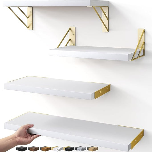 Wall Shelves for Bedroom Decor, White and Gold，Set of 4