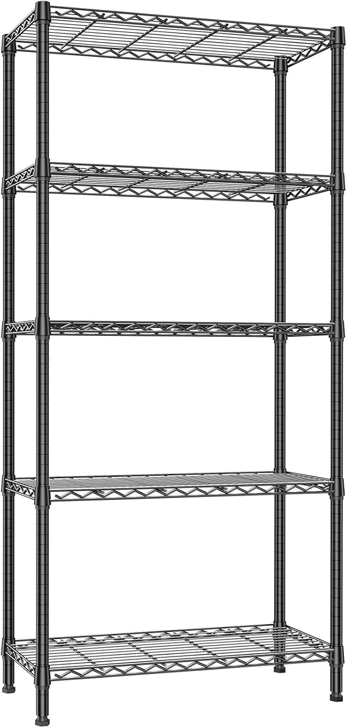 IZEUK 5-Tier Heavy Duty Black Steel Storage Shelving Unit, Utility Wire Rack Organizer for Kitchen, Office & Home, 1250 lbs Capacity, 13.8" D x 35.4" W x 68.5" H