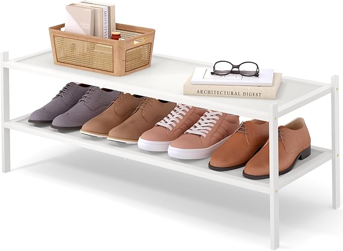 Smiry Bamboo Long Shoe Rack, 2 Tier Shoe Organizer for Entryway & Closet, Stackable Free Standing Storage Shelf for Shoes, Bags & Plants, White