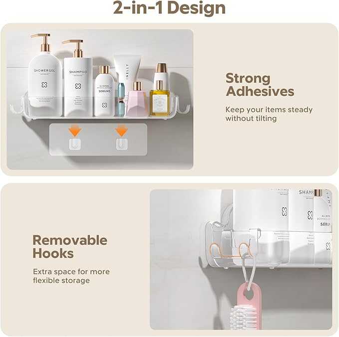 2 Pack Acrylic Shower Caddy Adhesive, No Drilling Bathroom Shower Organizers, with 4 Removable Hooks, Wall Mounted Shower Shelves, Acrylic Shower Holder Storage for Bathroom, Dorm, Kitchen