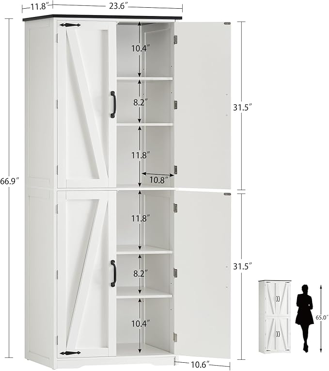 TEENFON Tall Pantry Cabinet, Kitchen Cabinet with 4 Shelves, Adjustable Shelves, Pantry Cabinets with 4 Barn Doors, Tall Kitchen Cabinets for Dining Room, Living Room, White