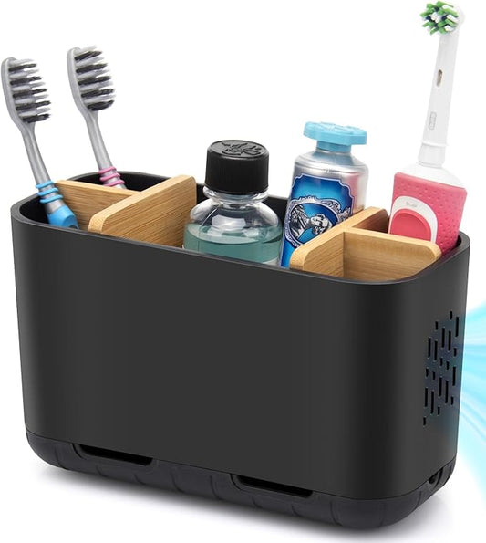 Black Toothbrush Holder, Bamboo Toothbrush and Toothpaste Holder with Drainage