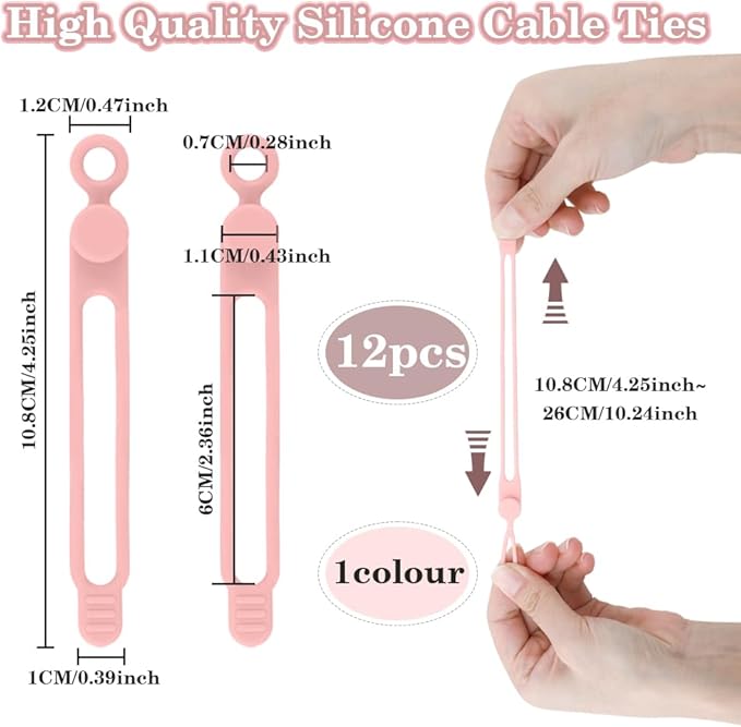 12pcs Pink Silicone Cable Ties