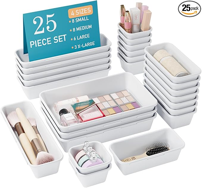 Kutesna 25 PCS White Drawer Organizer Set, 4 Size Interlocking Plastic Storage Bins for Office Supplies, Jewelry Makeup Vanity, Bathroom Kitchen, Home Organization Closet, Gadgets Small Items