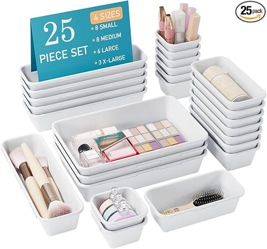Kutesna 25 PCS White Drawer Organizer Set, 4 Size Interlocking Plastic Storage Bins for Office Supplies, Jewelry Makeup Vanity, Bathroom Kitchen, Home Organization Closet, Gadgets Small Items